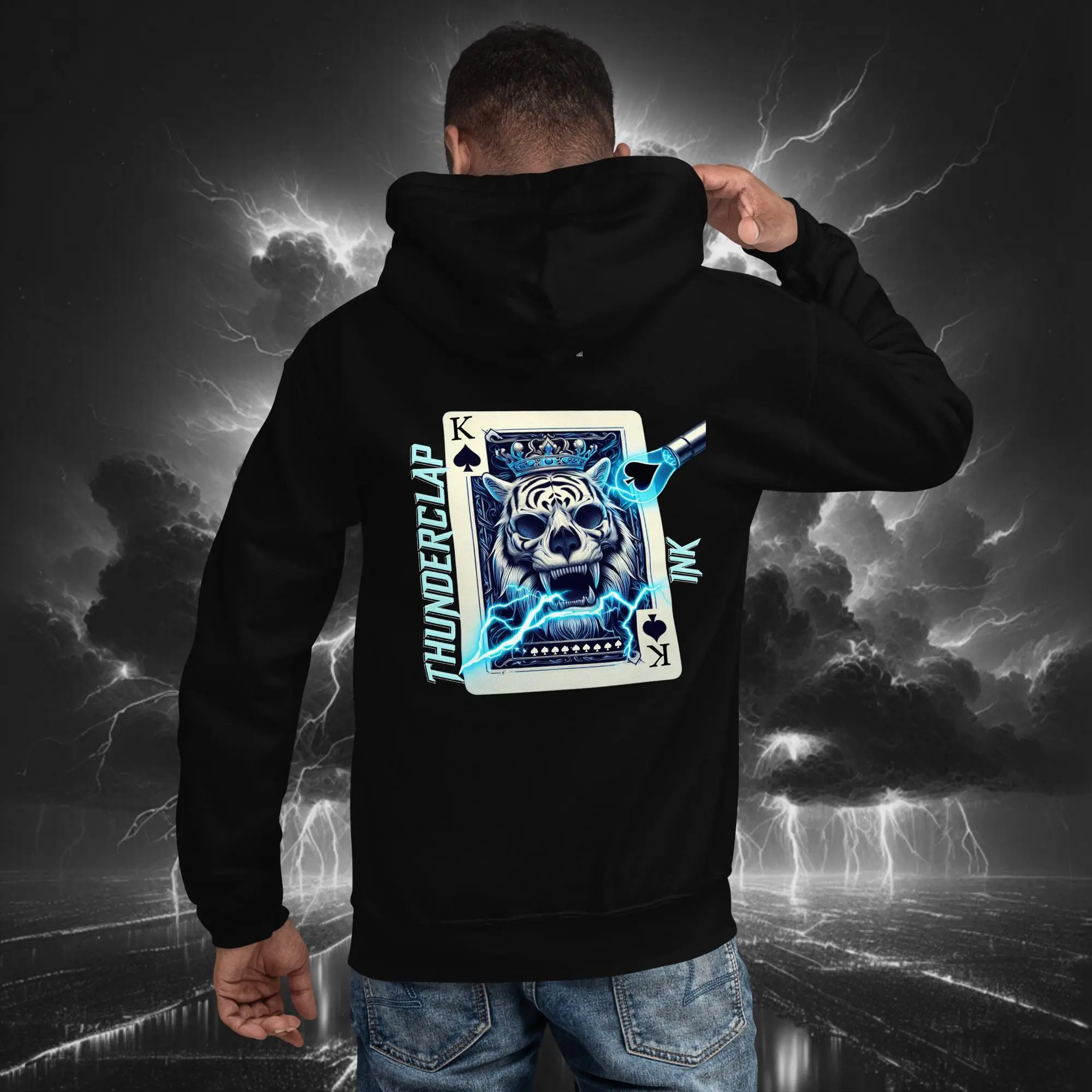 Electric Bubble King of Spades Tiger – Unisex Hoodie (Dark Collection) Black Back Model