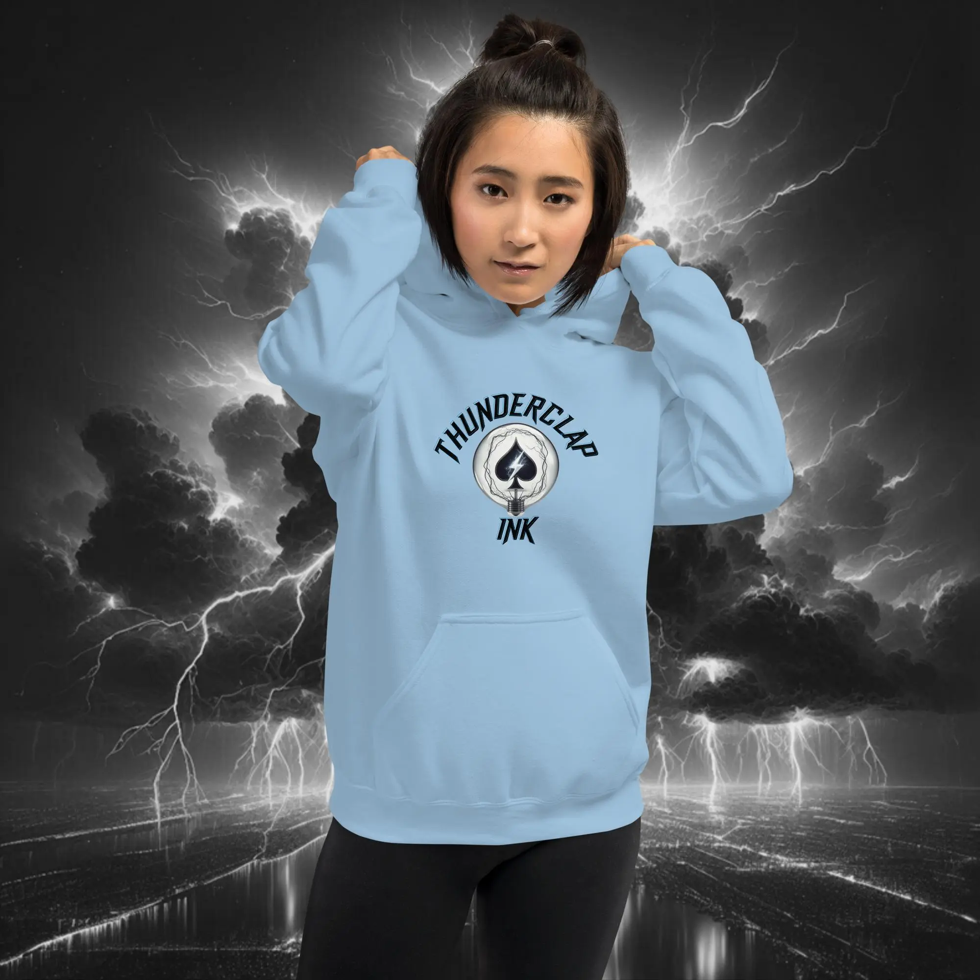Electric Bubble King of Spades Tiger – Unisex Hoodie (Light Collection) Light Blue Front Model