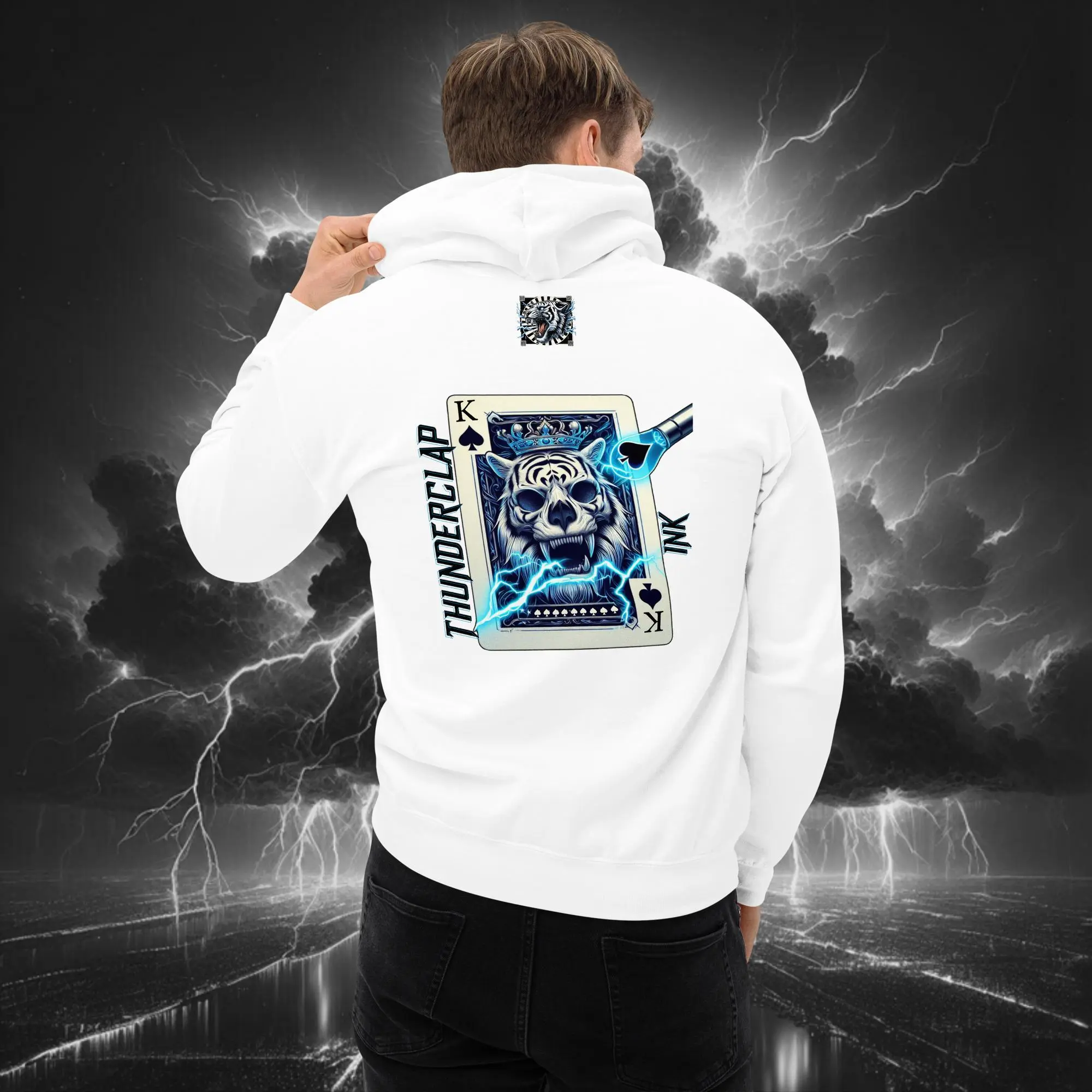 Electric Bubble King of Spades Tiger – Unisex Hoodie (Light Collection) White Back Model