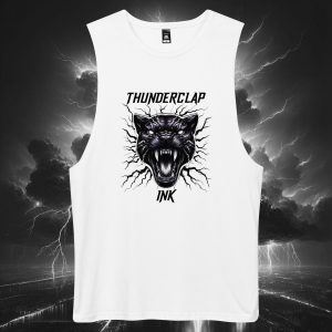 Men's "Electric Panther" Drop Arm Tank Top White (Front)