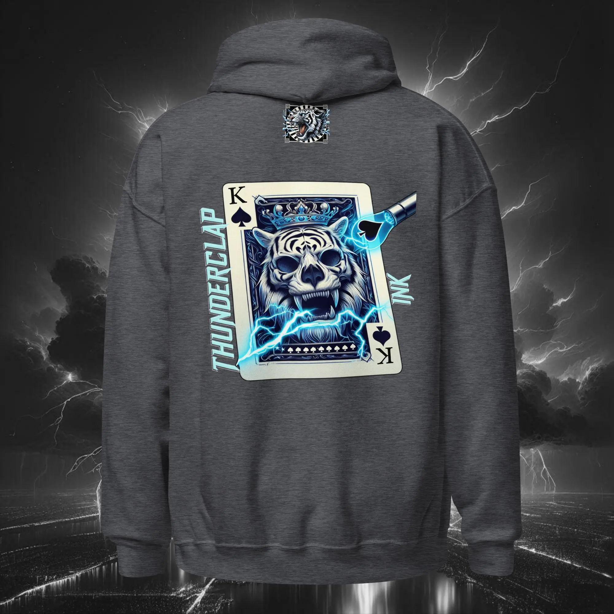 Electric Bubble King of Spades Tiger – Unisex Hoodie (Dark Collection) Dark Heather Back