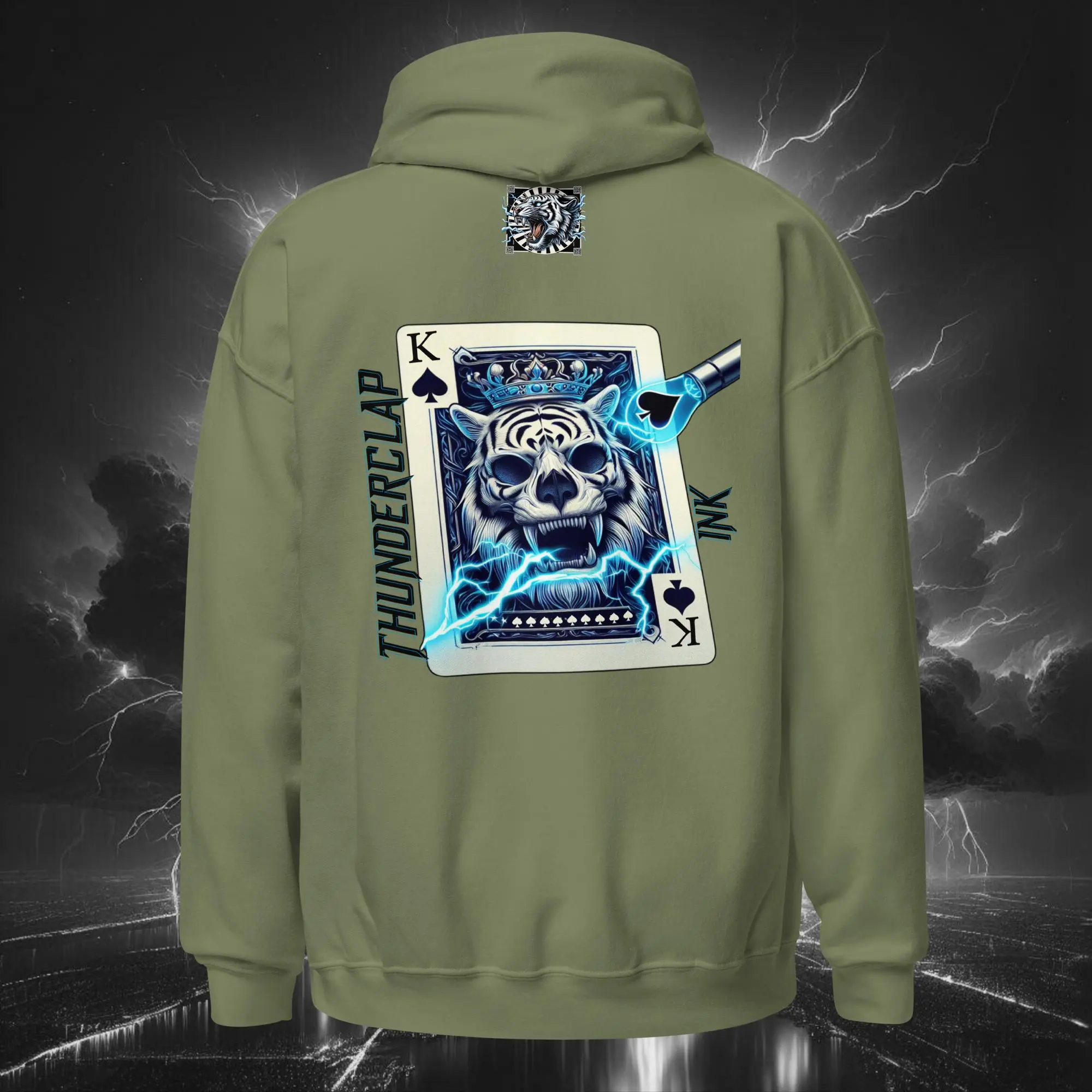 Electric Bubble King of Spades Tiger – Unisex Hoodie (Light Collection) Military Green Back