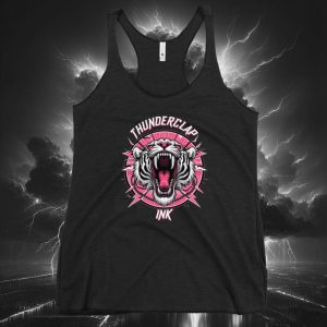 Women’s “Pink Roar” Racerback Tank Vintage Black (Front)