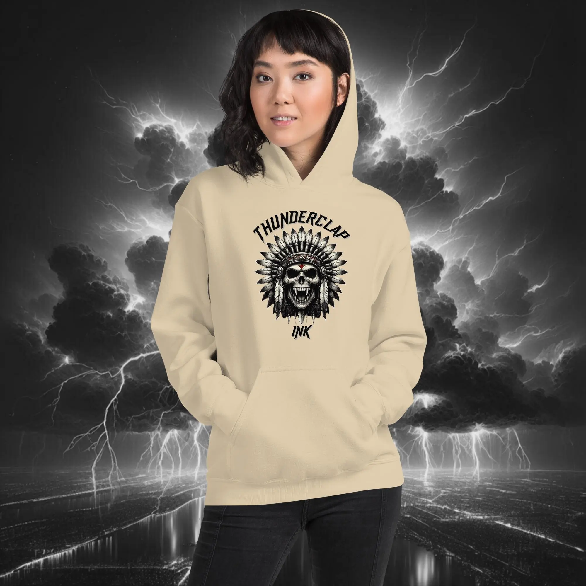 Vampire Mohawk – Unisex Hoodie Sand (Front Model)