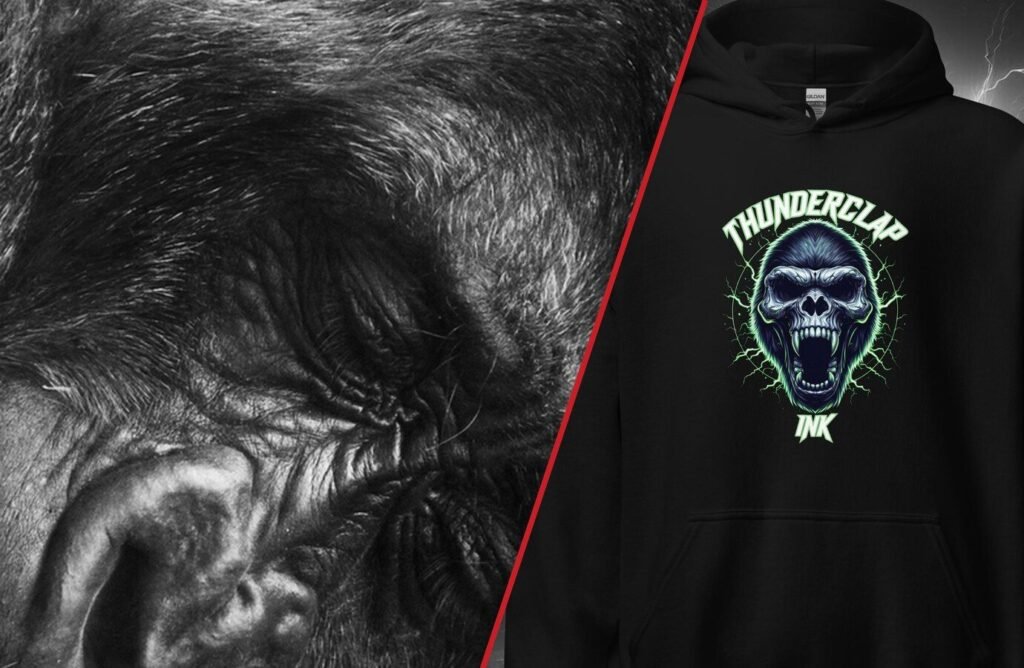 A gorilla photographed in the wild, split diagonally against the “Plant-Based Power Gorilla” Hoodie