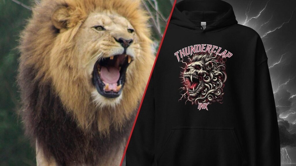 A lion roaring on a rock, split diagonally against the Thunderclap Ink Inferno Roar Lion hoodie