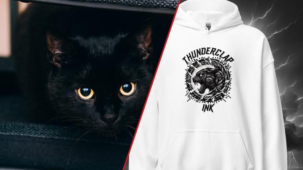 A cat photographed in the wild, split diagonally against the “Black Cat Electric Swirl” Unisex Hoodie